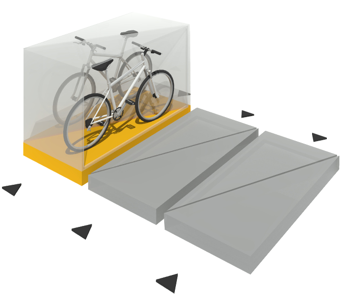 Arrangement of three boxes in a double-sided line